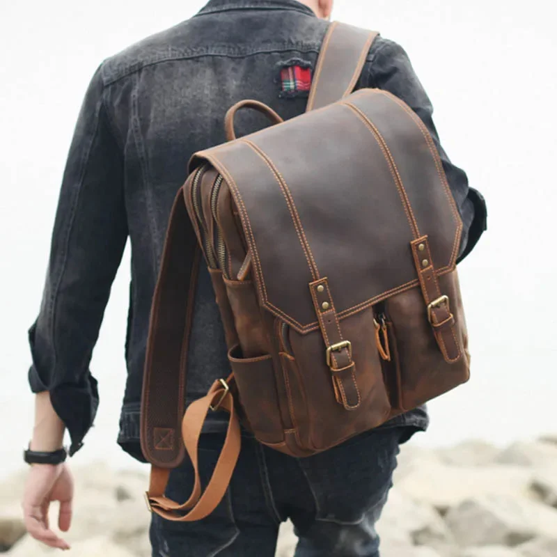 

Newsbirds Crazy Horse Leather Backpack Men Male Travel Bagpack Genuine Mens Daypack Cow School