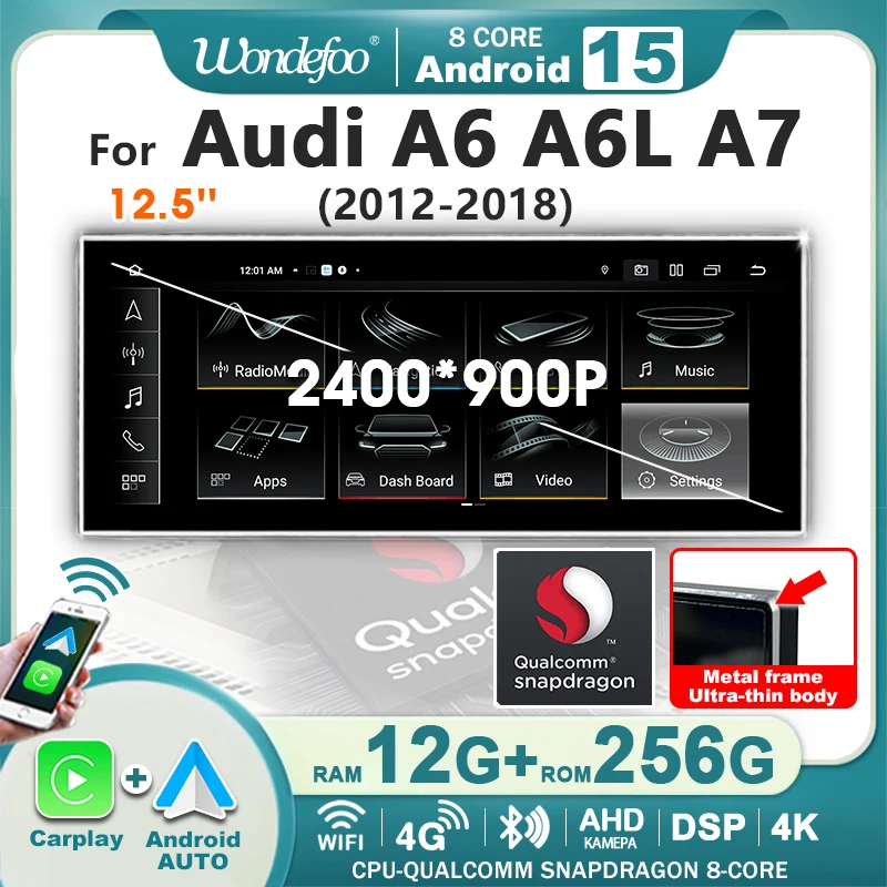 12,5'' Snapdragon 8-Kern 2400*900 QLED Ultra-dünner Bildschirm Kabelloses Carplay Android 15 Auto-Radio GPS für Audi A6 C7 A7 2012~2018 2 Din Autoradio Stereo Multimedia-Player Bluetooth WIFI 4G LTE