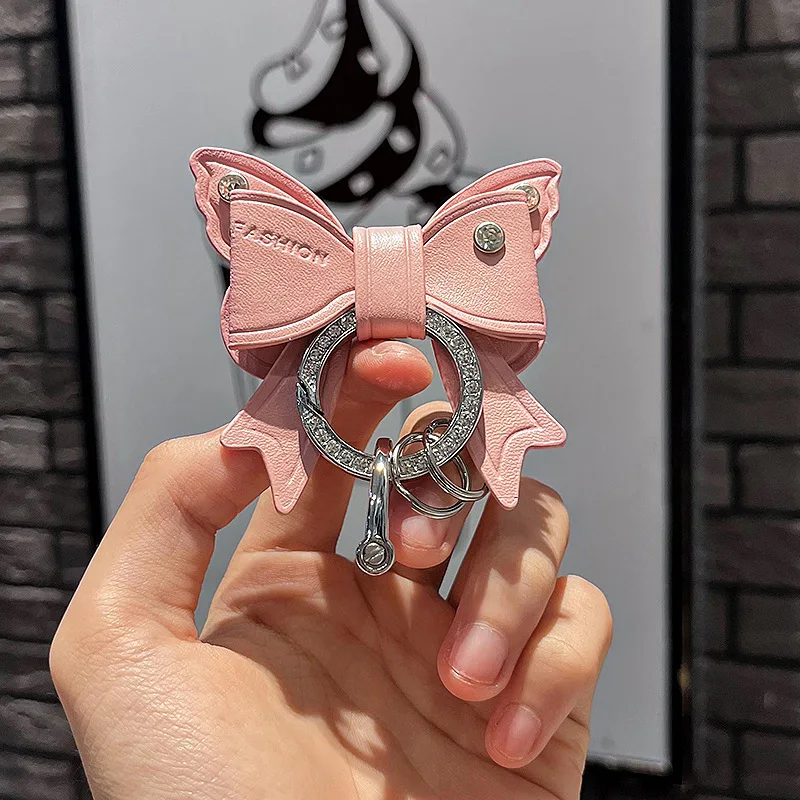 Light Luxury Off-white Rhinestone Bow Keychain, Girly Leather Car Key Pendant, Exquisite Premium Bag Charm For Women