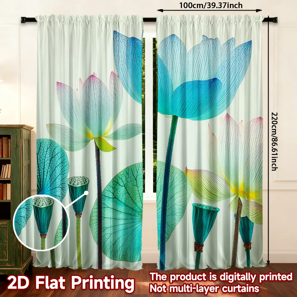 Tropical Botanical Flower Curtains 2pcs Blue Green Watercolor Art Print Window Drapes Modern Living Room Curtains Pair