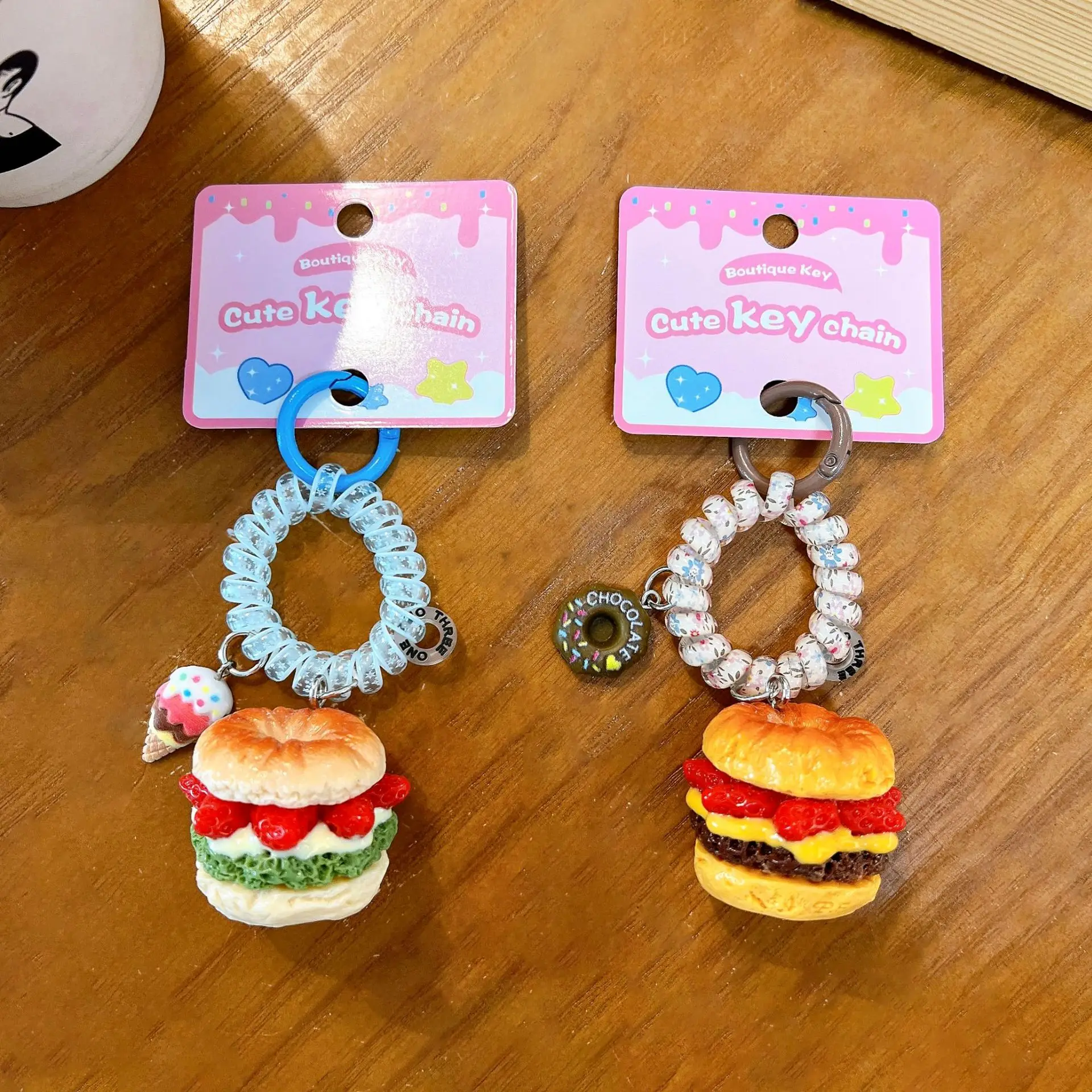 Creative Resin Imitation Beetroon Burger Keychain Exquisite Telephone Cord Beaded Doughnut Backpack Accessory Car Pendant Keyfob