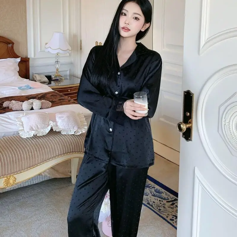 

Woman Pajamas Suit Spring Summer Ice Silk New Style Lady Long Sleeves Pants Sleepwear Suit Sexy Black Back Lace Hollow Homewear