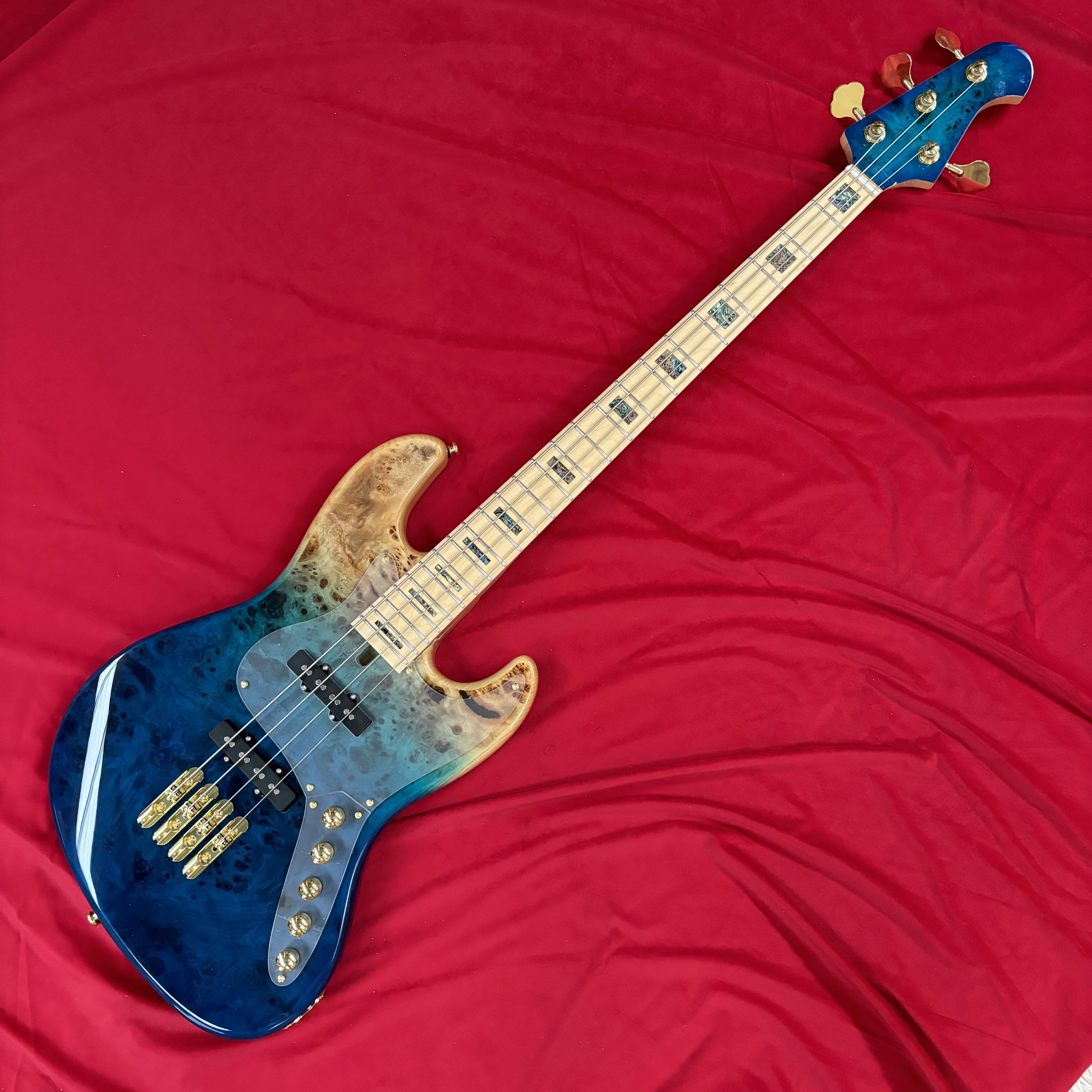 Blue gradient 4 strings electric bass, gold accessories, Christmas electric guitar, holiday gift guitar, good sound quality