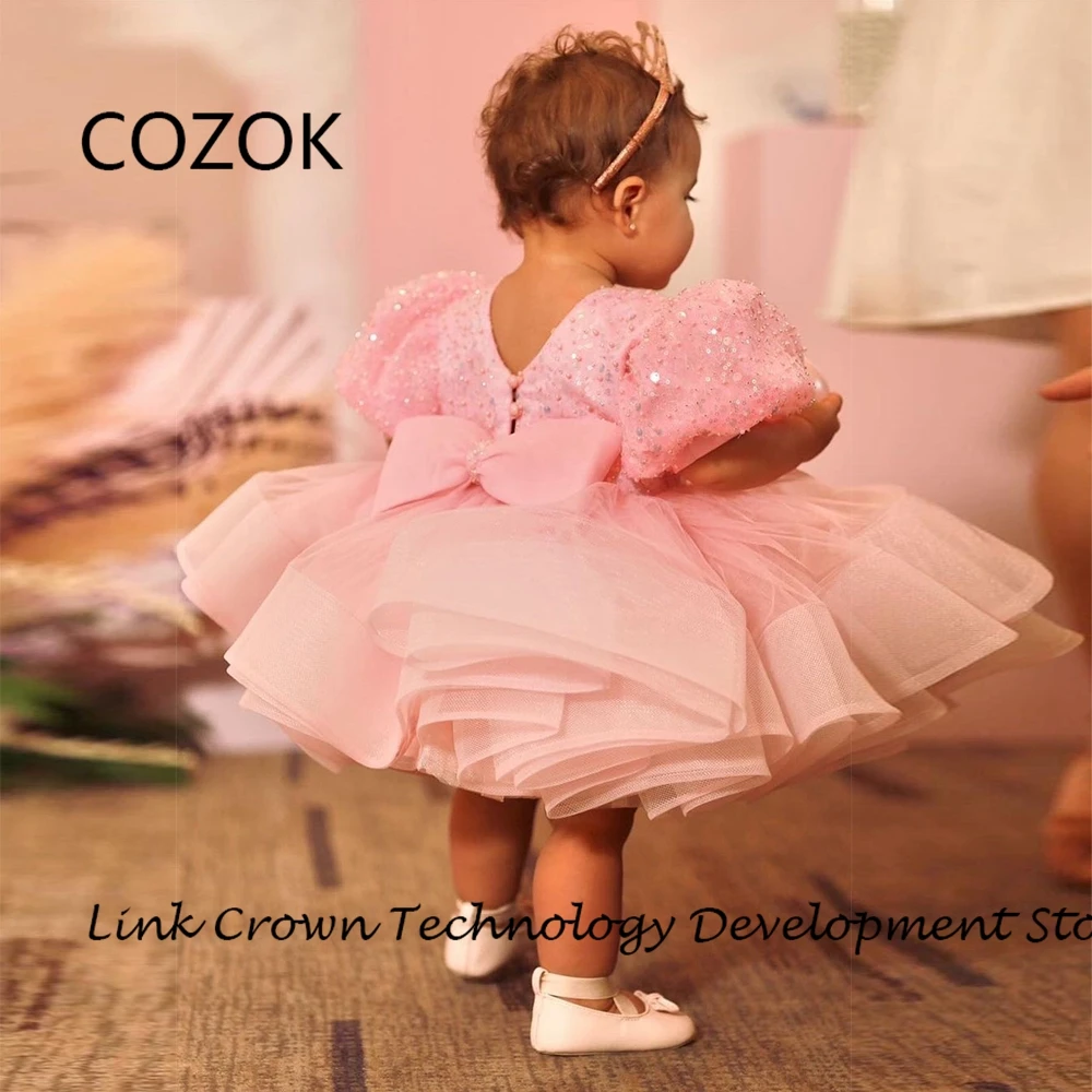 COZOK Scoop Puffy Short Sleeve Flower Girls Dresses with Sequined 2024 Summer Knee Length Christmas Dresses فستان عيد الميلاد