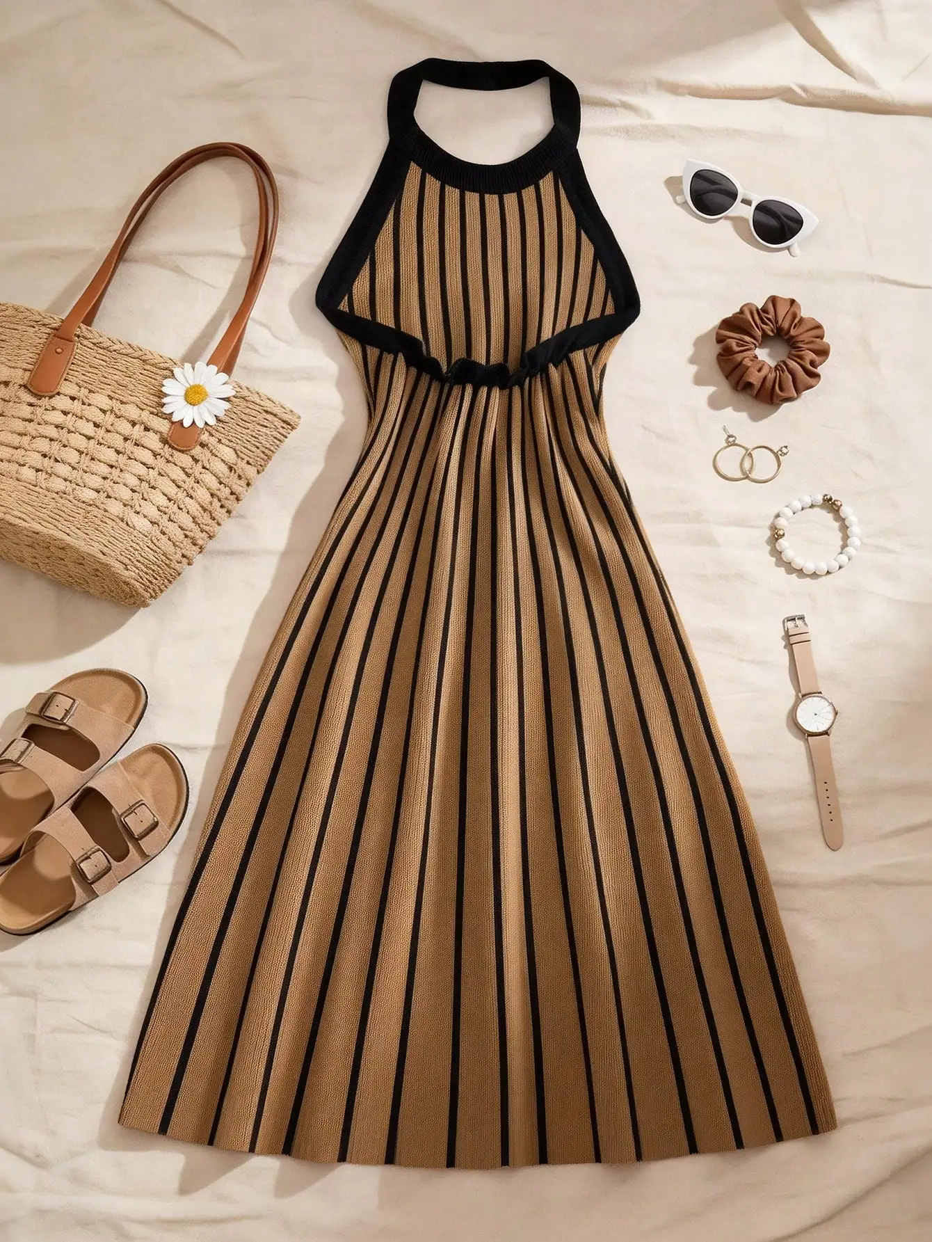 

Полосатое трикотажное платье миди без рукавов с воротником-халтер в бежевом и черном цветах для лета, элегантная женская одежда для отдыха.