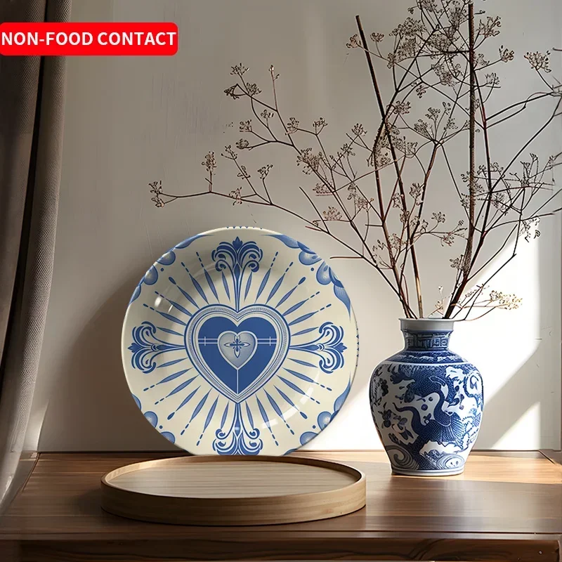 1pcBlue and White Heart with Cross Ceramic Decorative Plate Nordic Home Wall Hanging Ornament Non-Food Contact Simple Art