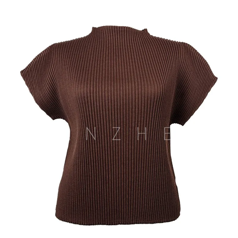Women's Pleated T-Shirt 2026 New 3D Corn Grain Pleats Half High Neck Solid Color Tight Elastic Wrinkle-Free Top Elegant Clothing