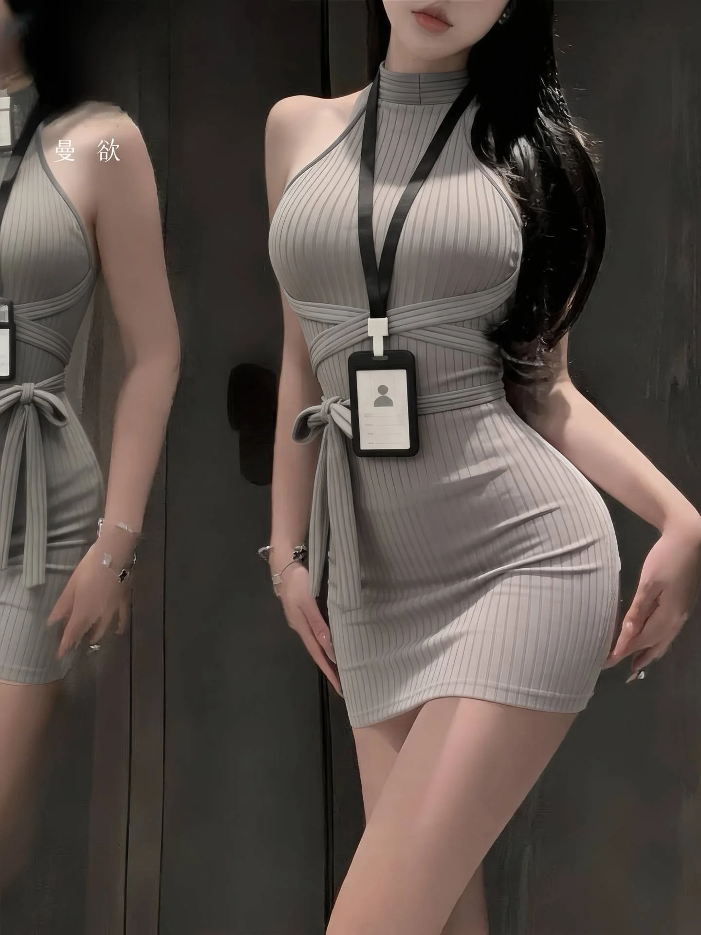 Sexy Knitted Tight  Skirt with Neck Hanging Backless Chest Exposing No Need to Remove Temptation Hot Girl Office Lady Sec...