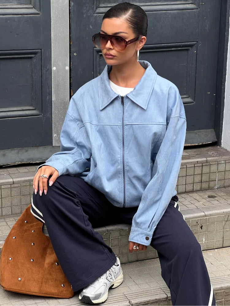 

Синяя укороченная замшевая куртка с отложным воротником, женская, модная, с длинными рукавами, на молнии, с карманами, свободного кроя, повседневная, для улицы, 2026