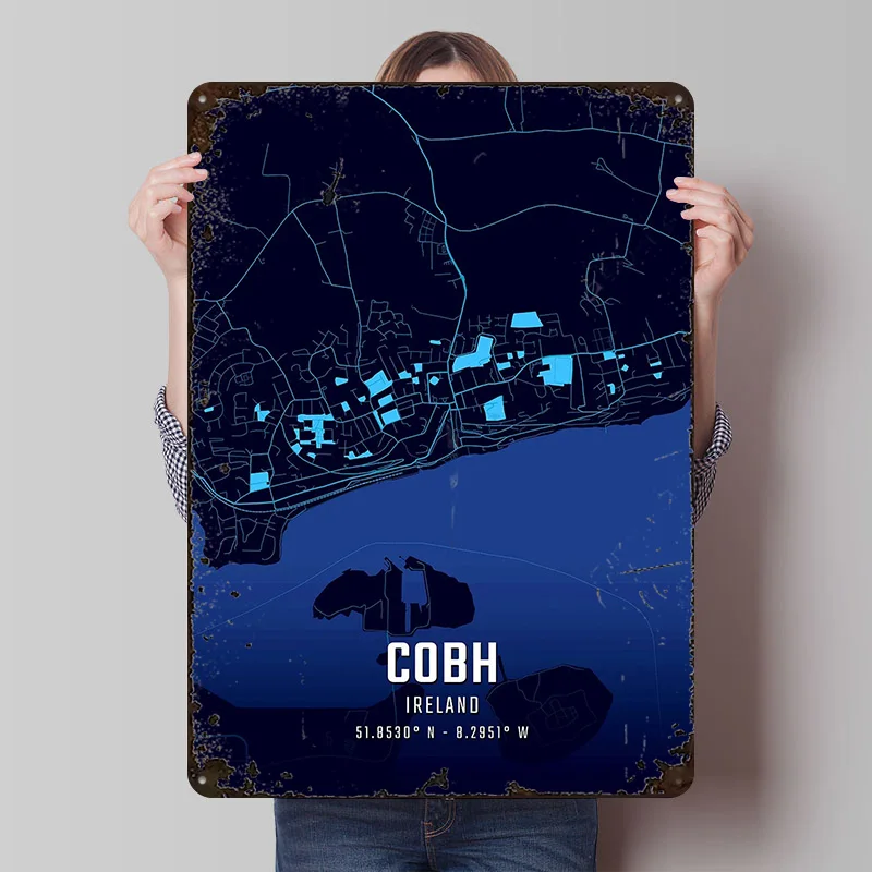Cobh Irland Mitternachts-Stadtkarte Metallposter Individuelle Wandkunst Retro Vintage Blechschilder für Wohnzimmerdekorationen Männer-Dekor