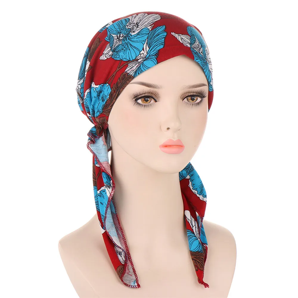 2024 Women Print Pre-Tied Hat Beanie Turban Chemo Cap Bonnet Head Wrap Muslim Hijab Hair Loss Hat Islam Turban Bandana Headscarf