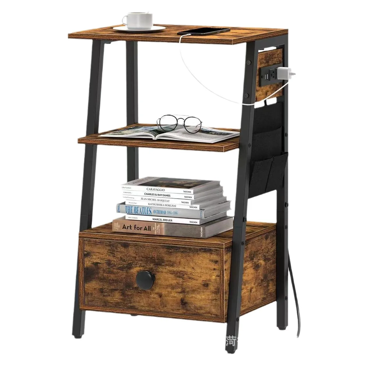 Iron-wood combined wooden side table with power interface with socket bedside table with drawer storage rack side table
