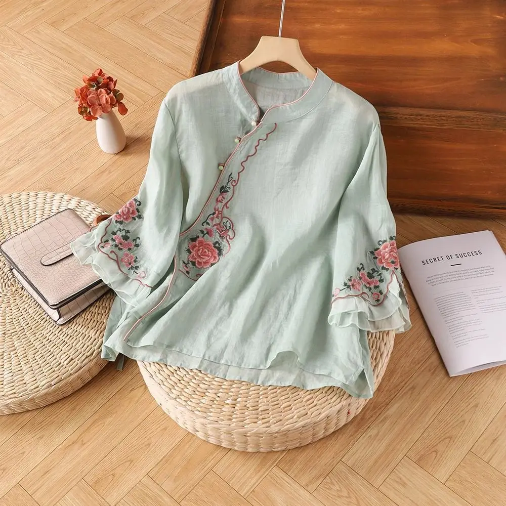 Women's Summer Cotton Linen Floral Embroidery Frog Button Chinese Style Ethnic Top, Vintage Literary Tea Shirt Blouse