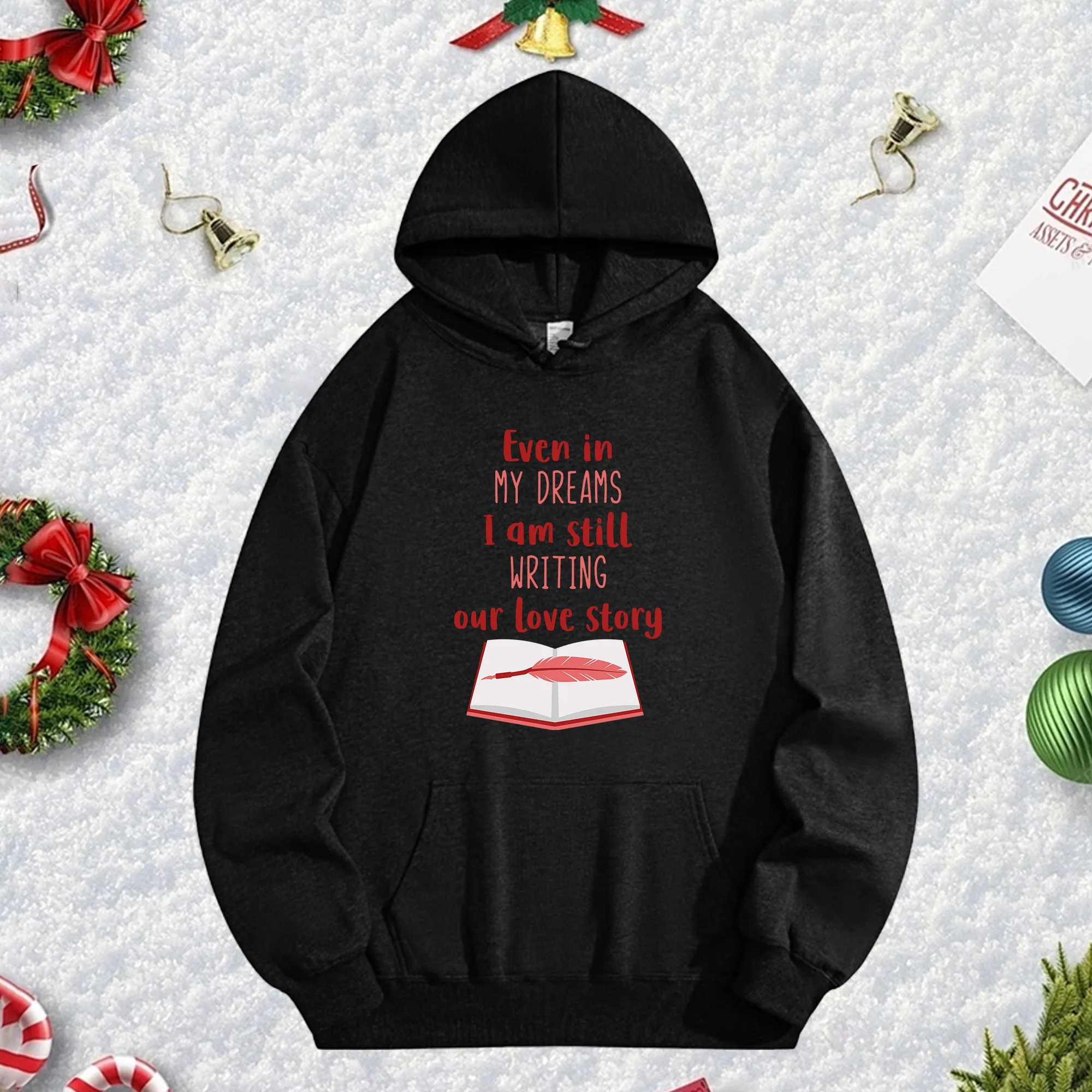 

Черная толстовка с капюшоном Our Love Story 270 г для мужчин и женщин, уютный флисовый пуловер большого размера для осенне-зимнего рождественского сезона