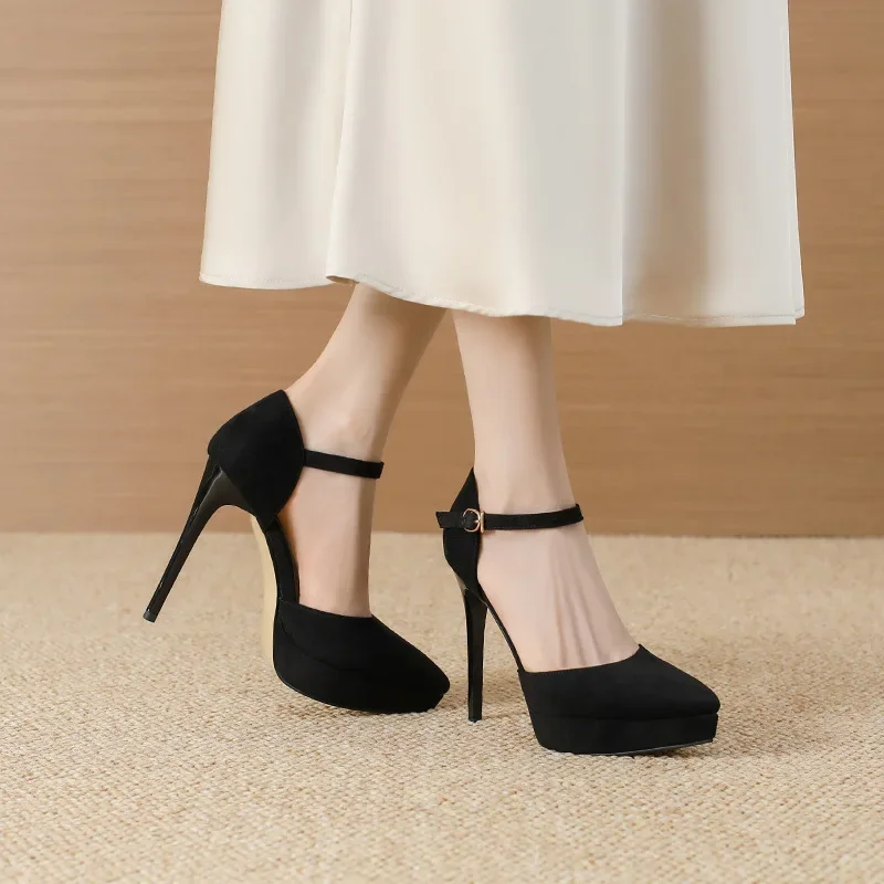 New Pointed Toe Platform Women Sandals Flock Buckle Strap Stripper Party Thin High Heel Shoes Sexy Female Pumps Zapatos De Mujer