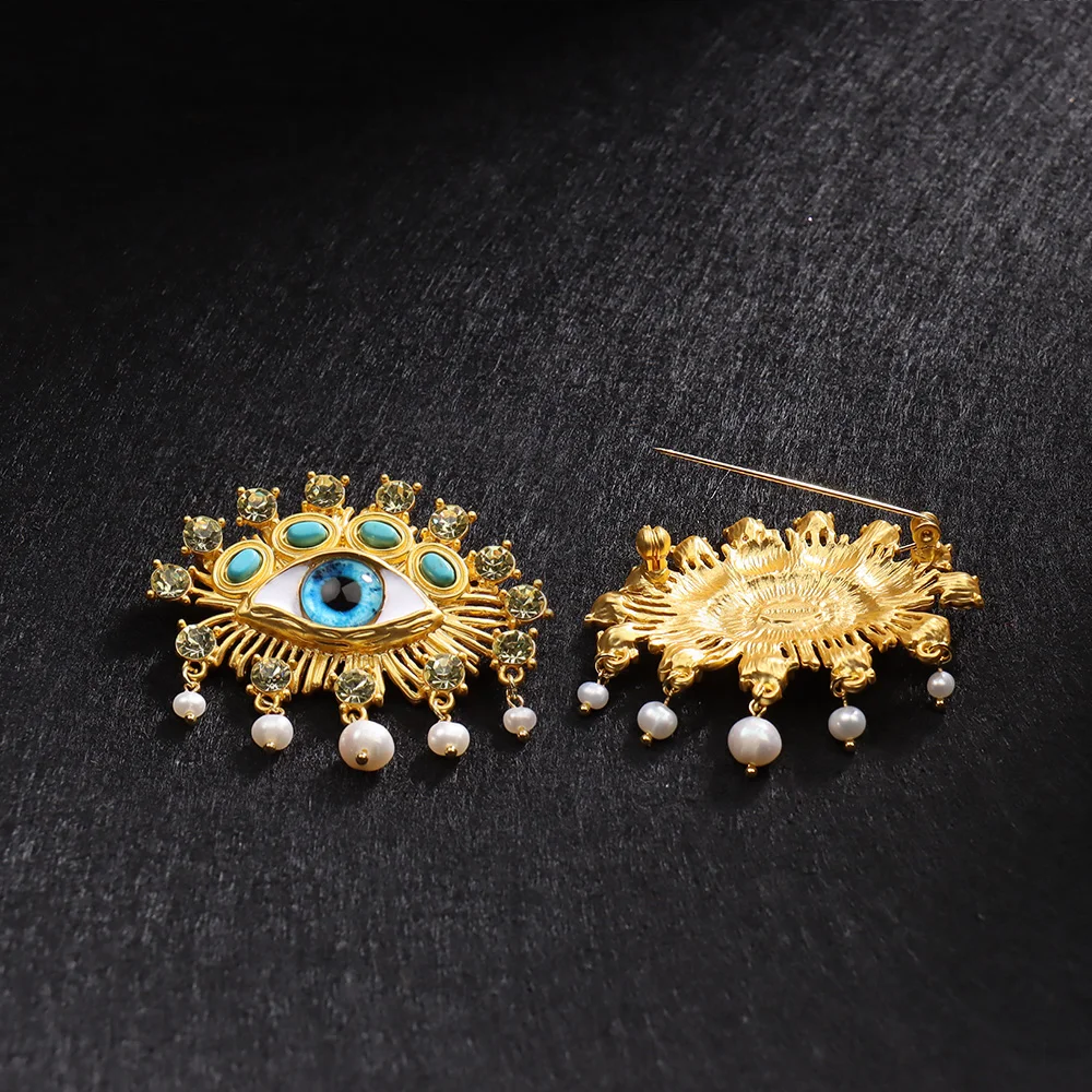 Deluxe Exaggerated Devil\'s Eye Brooch Baroque Pearl Tassel For Men Women Unisex Pin Jewelry European And American Vintage Badge