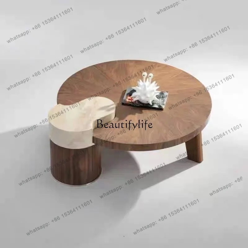D06-Medieval wind wabi-sabi wind creative retro coffee table walnut color round coffee table