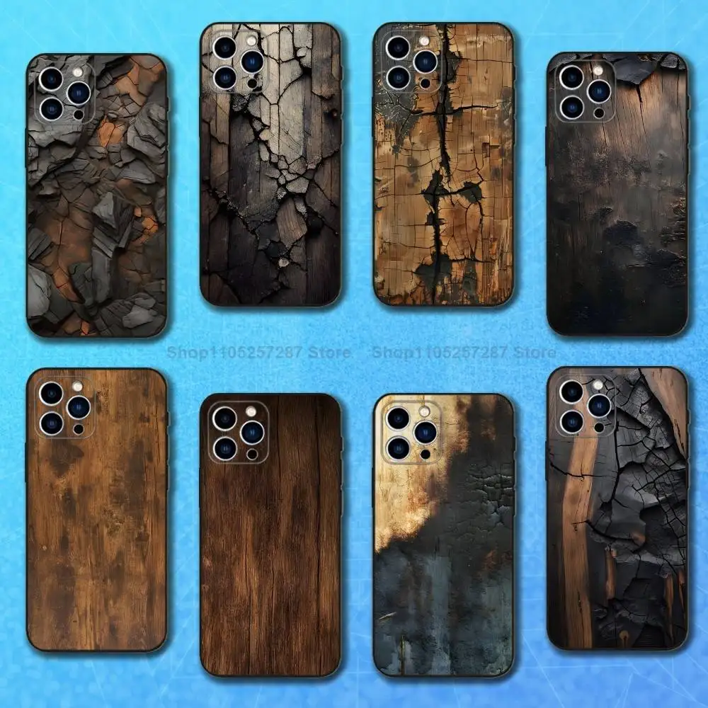 

Scorched Style Wood Grain Case For iPhone 12,14,15,16,17,13,11,X,Mini,Plus,Pro Max,8,7,XR,SE,XS,Soft Silicone Black