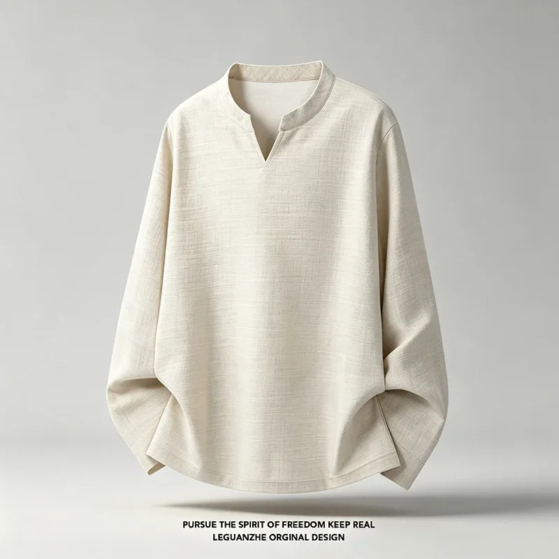 Autumn Mens Linen Textured Stand Collar Top Long Sleeve Split V Neck Loose Cut Breathable Apparel