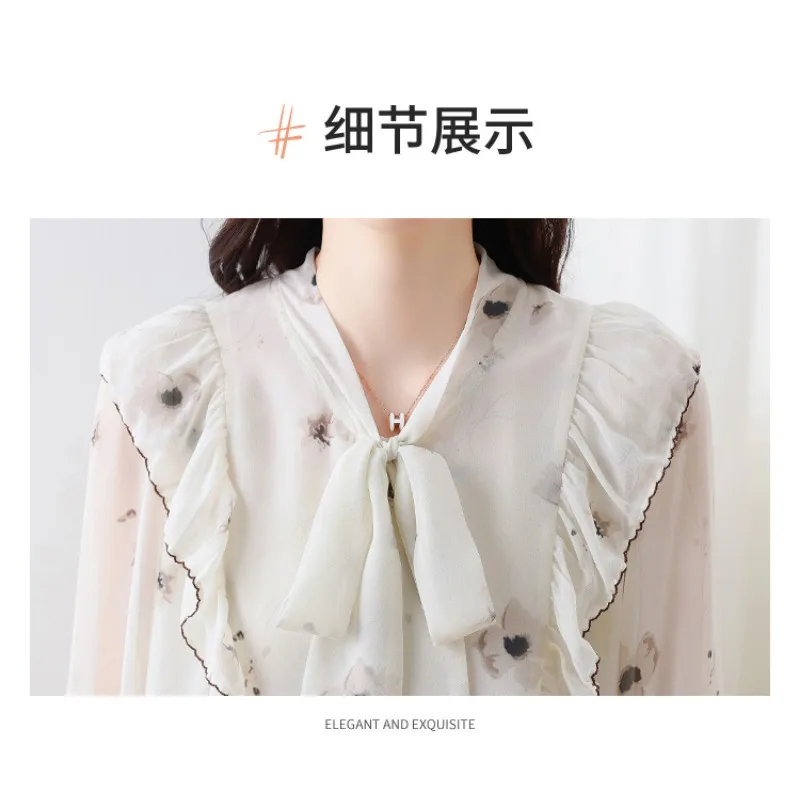 New 2023 Long Sleeve Stylish Chiffon Blouse for Women Ruffled Flower Korean Office Ladies Button Up Shirt Spring Autumn Clothing
