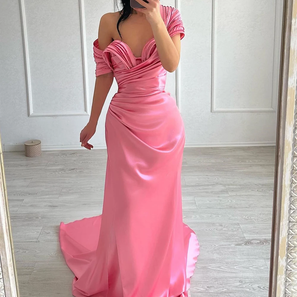 Customized Mermaid Pink Satin Evening Dress Off the Shoulder Sweetheart Court Train for Woman Saudi Arabia Party Dresses 2025