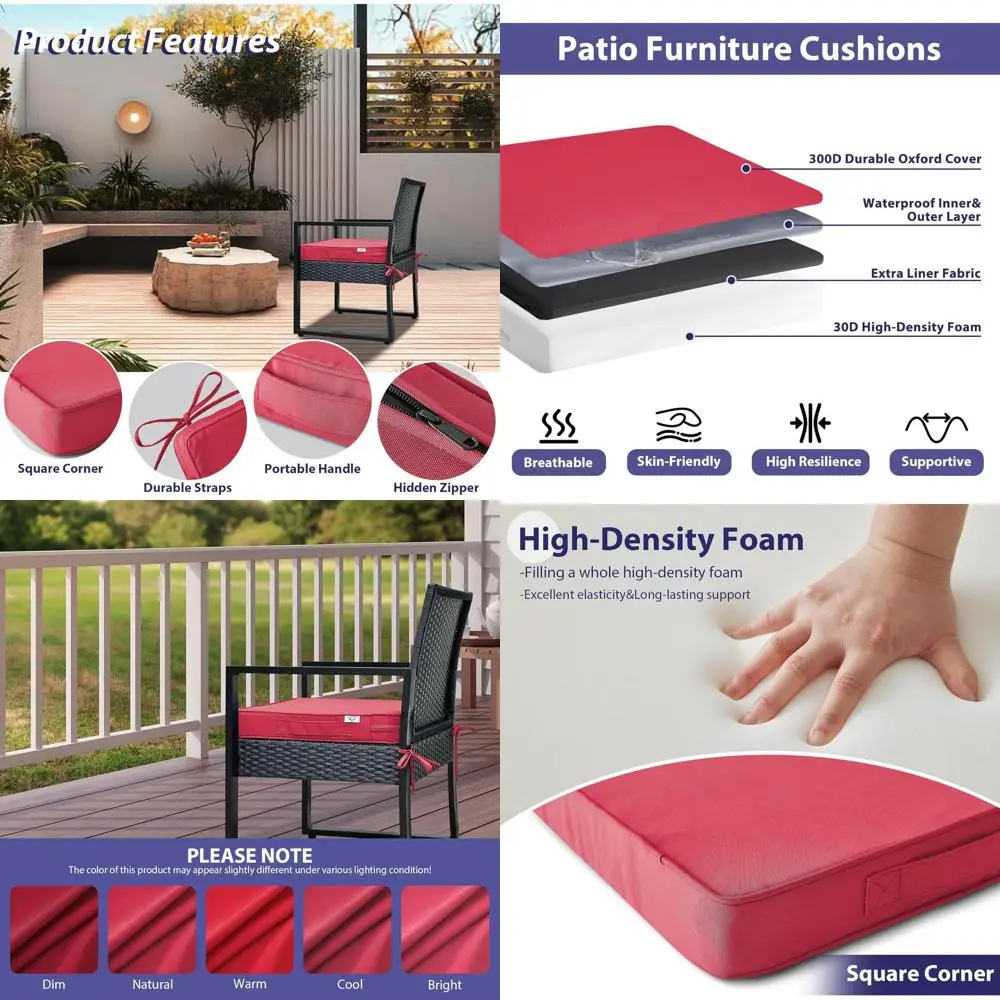 

Set of 4 Waterproof Patio Chair Cushions, 19 x 19 Square Pads with Handle & Ties, Burgundy
