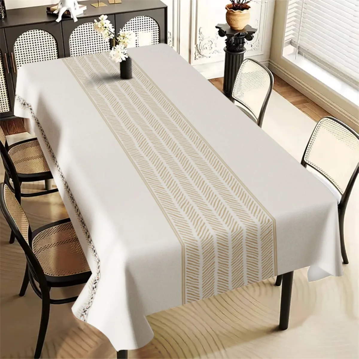One piece with a light beige base and light coffee-colored stripes in fine pattern on the side made of polyester fiber.