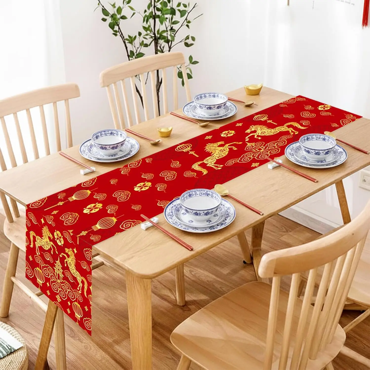 Happy Chinese New Year Linen Table Runner Home Party Decor Zodiac Horse 2026 Spring Festival Table Runners New Year Decorations