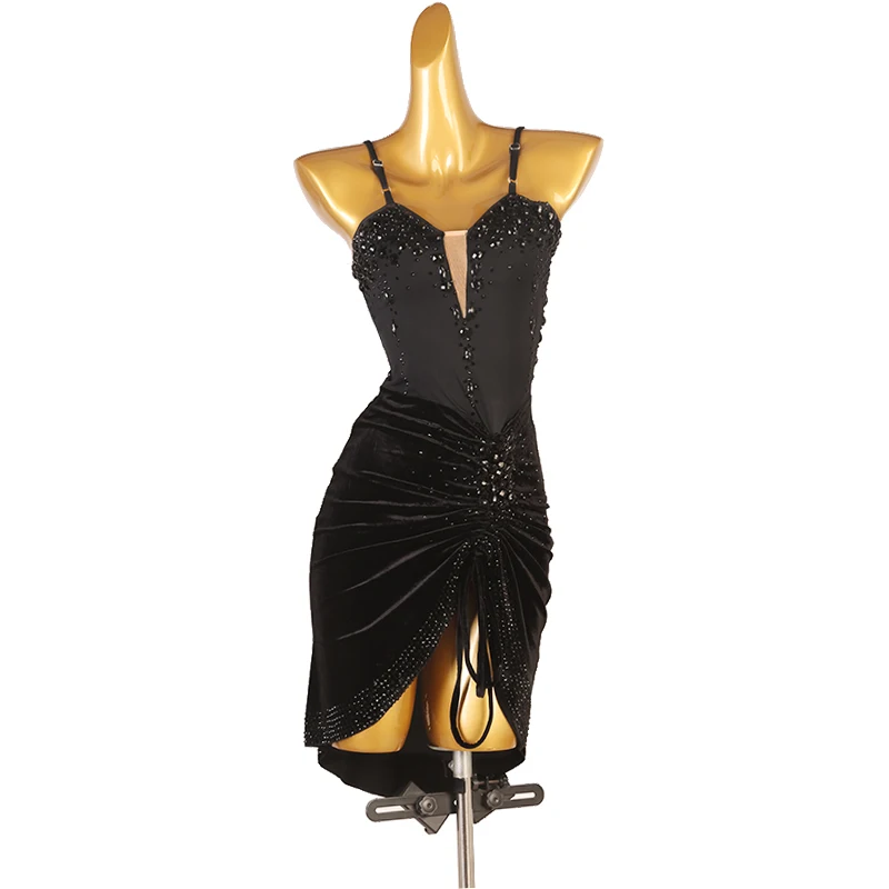 Vestido de competición de baile latino para mujer, vestido profesional Sexy negro con diamantes de imitación, ropa latina para mujer adulta Rumba Cha-Cha DQL8133