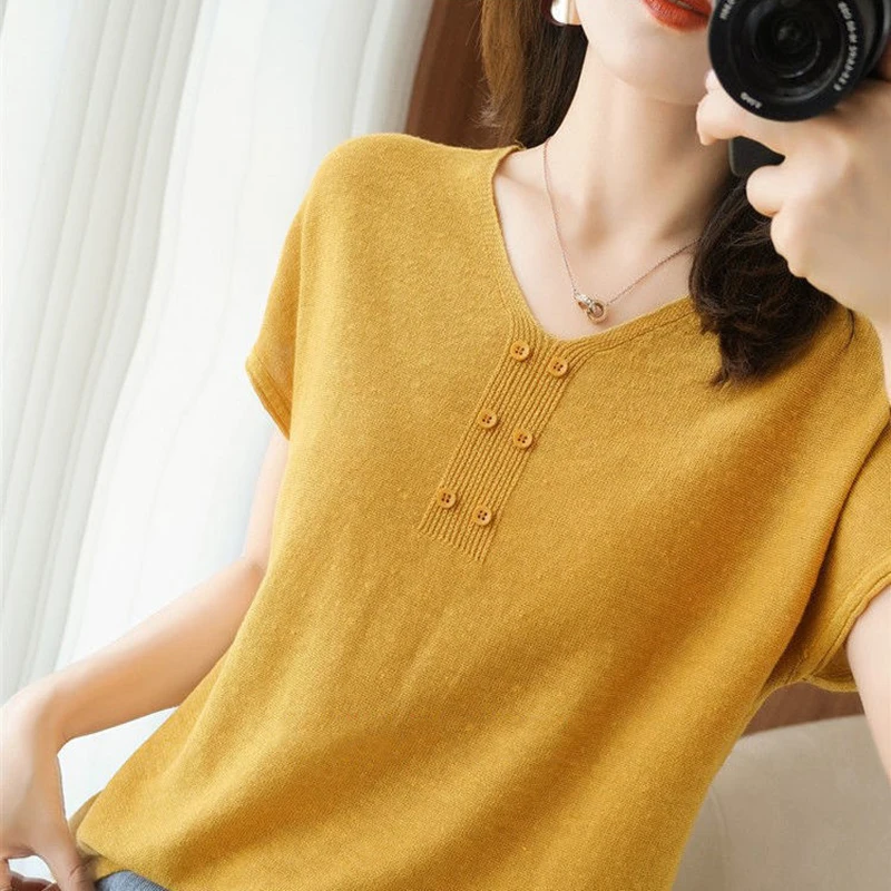 Summer Ice Silk Knitted Top 2023 Solid Colors V-Neck Knitwear Pullover Korean Fashion Soft Short Sleeve Cropped T-Shirt S-3XL