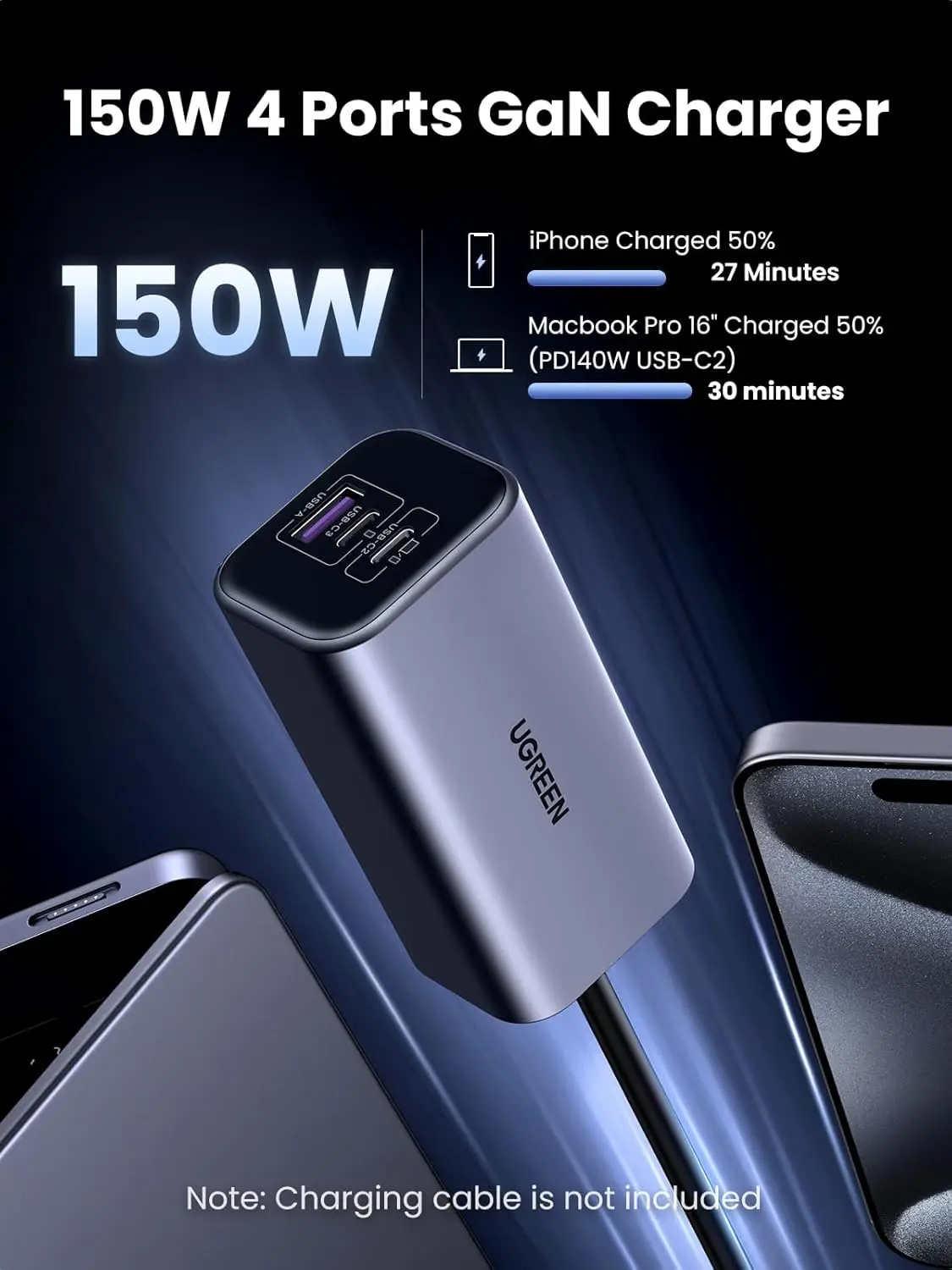 UGREEN 150W USB Cカーチャージャー、PD 3.1 140Wカーチャージャーアダプター急速充電4ポートシガーソケットUSBマルチポートチャージャー