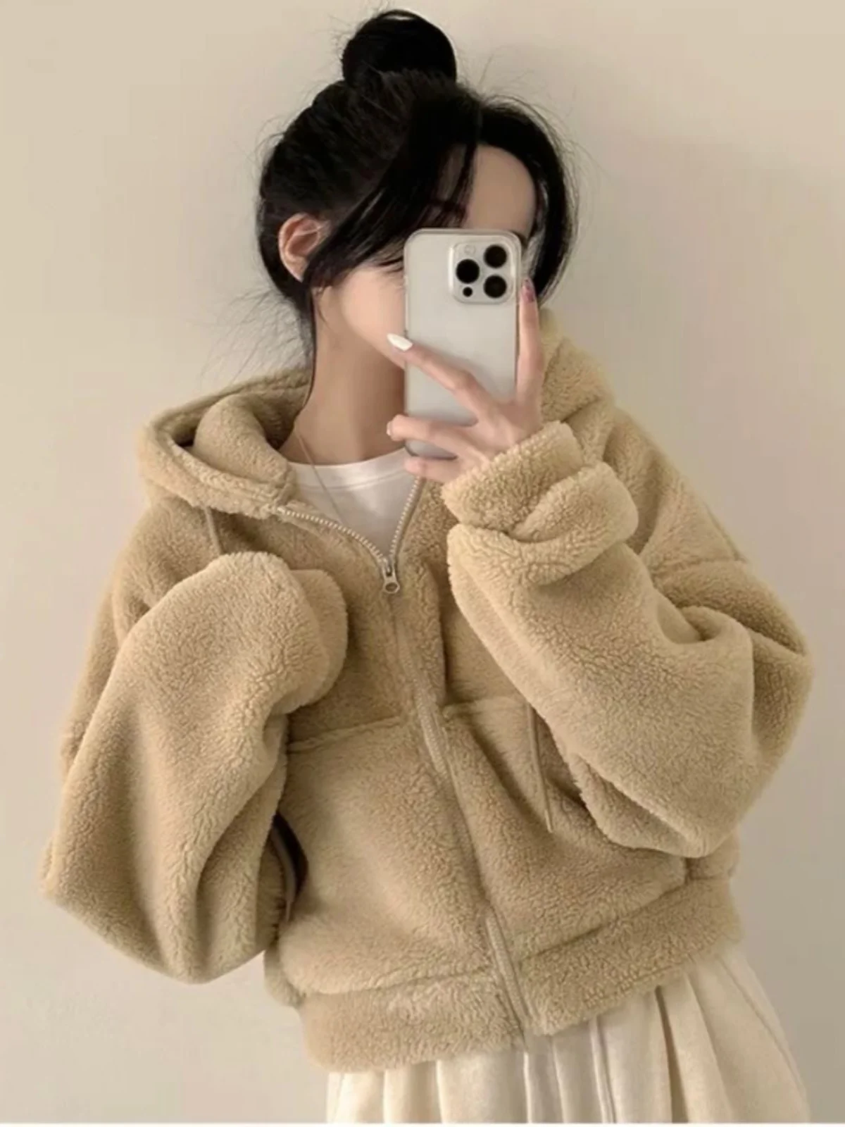 

Winter Thiened Lamb Fur Jaet Women's Zipper Jaet Cozy Hooded Coat Korean Sle ort Length Commute Friendly