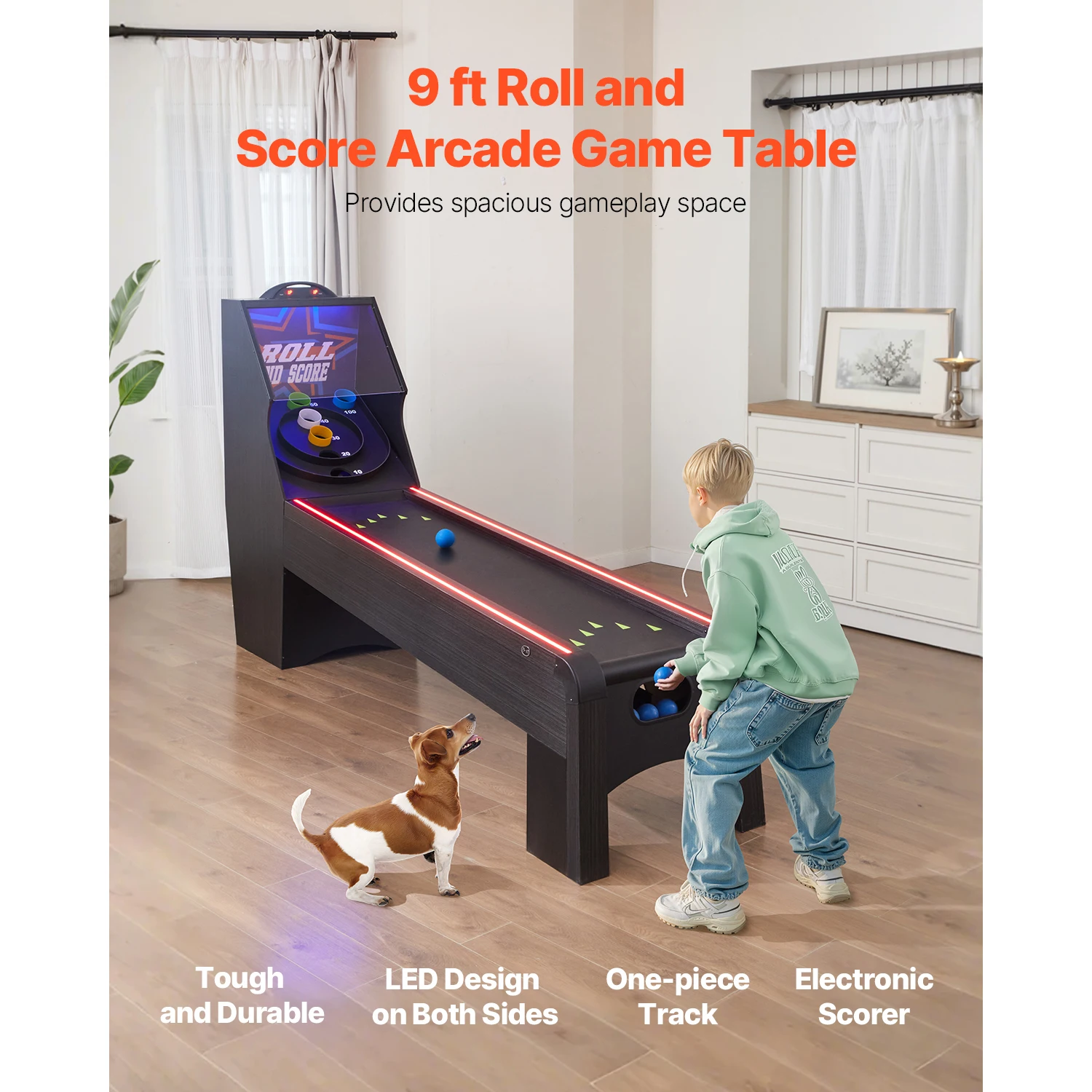 SucceBuy 9' Roll and Scorer Classic Arcade Game Table Indoor Skeeball Machine with LED Electronic Sound  Included 4 Automatic Ball Return for Adults Kids Home Recreation Game Room