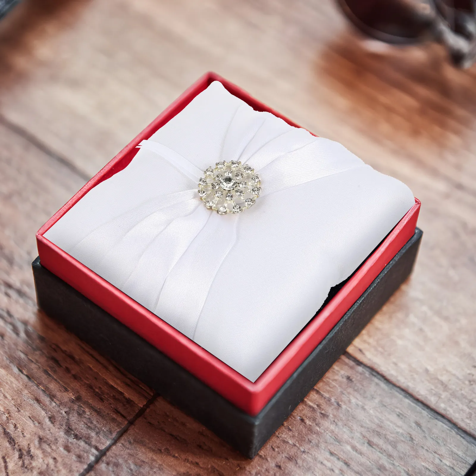 

White 10x10cm Water Drill Ring Pillow Satin Ribbon Sparkling Rhinestone Wedding Ceremony Bridal Ring Bearer Cushion
