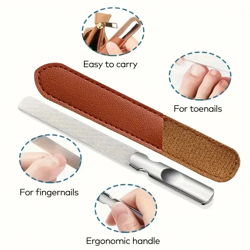 1Pcs Professional Nail File Double Sided Stainless Steel Sandpaper Nail Sanding with Leather Bag Grinding Polishing Strip Gift