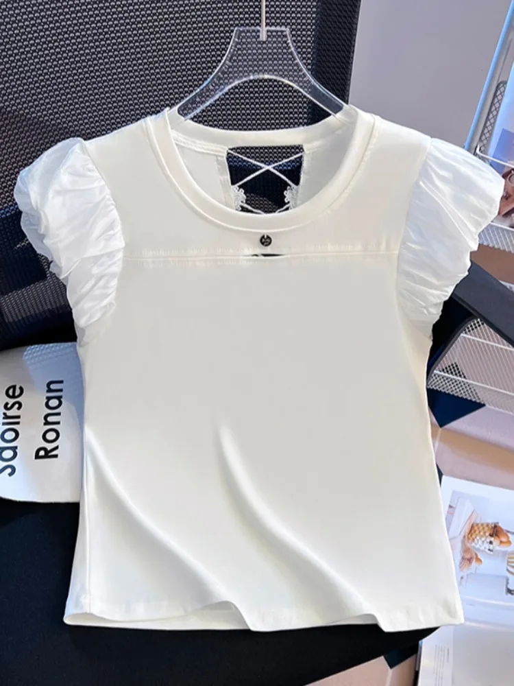 

Women's ort Sve T-irt Summer Hollow out Ba Design Self-Kept Sle Korean Version Slim Fit Cotton Blend Top