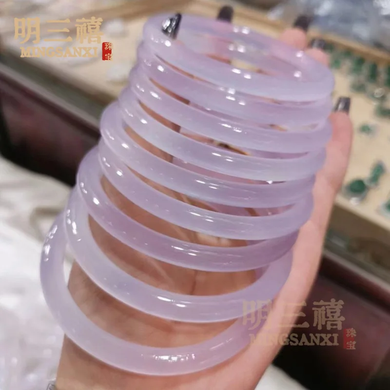 

Natural Violet Chalcedony , Ice-Like Light Purple Lavender Agate Bangle, Girl's Lychee Jelly Round Beauty Bracelet