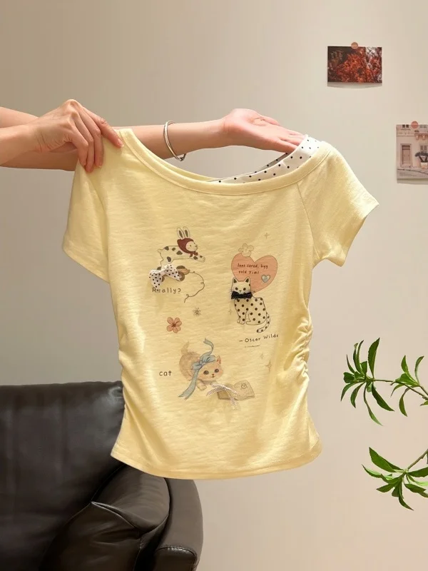 Japanese Style Slim Fit Short Sleeve T-Shirt Women's Shoulder Bared Print Casual Summer Top Skin Friendly Breathable