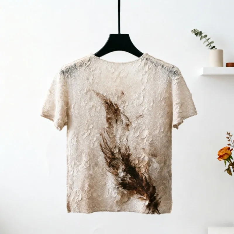 Miyake Pleated T-Shirt 2026 New Fashion Feather Print Thin Gradient Dye Short Sleeve Women's Stretchy Semi-Transparent Top