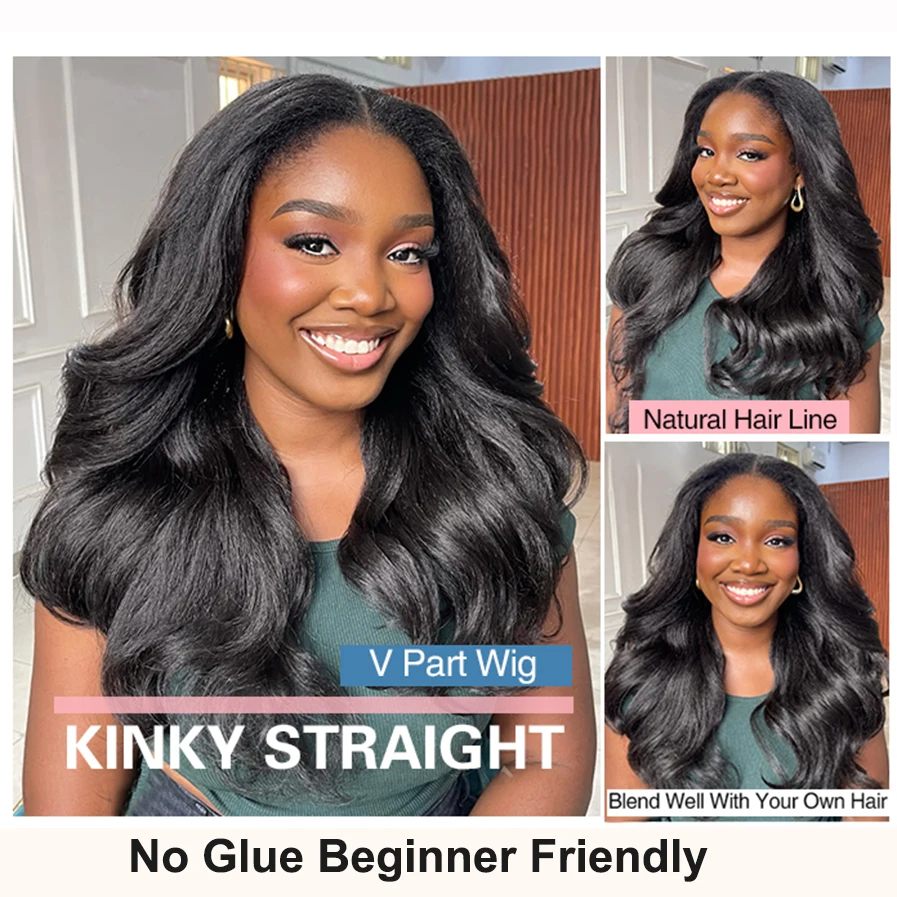 18inch Yaki Straight V Part Wig Human Hair Kinky Straight Half Part Human Hair Wig Beginner Friendly Natural Black for Women