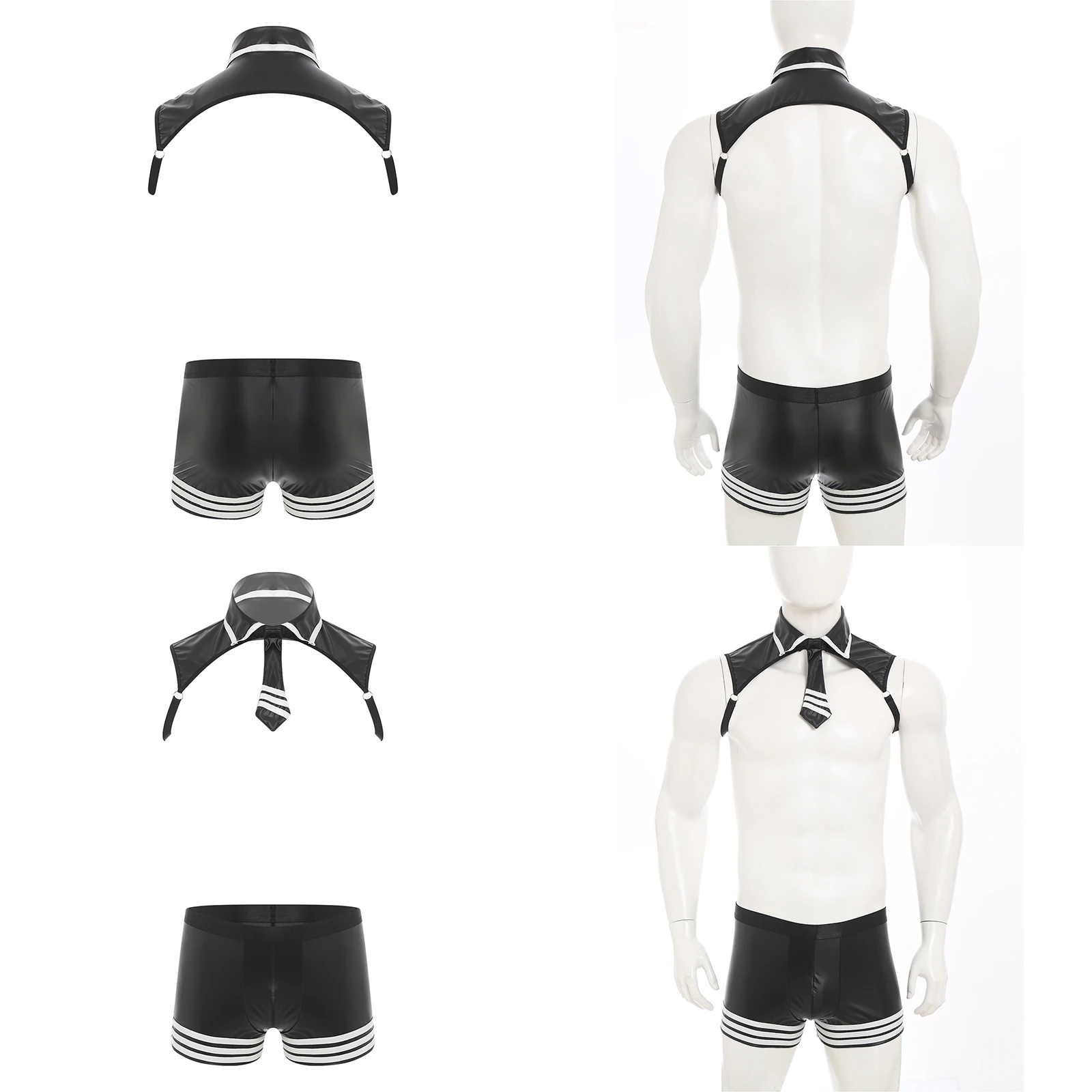 ชุดชั้นในชายลายทาง ชุดครอปท็อปผูกเนคไท พร้อมเสื้อคลุมและกางเกงบ็อกเซอร์ หนังเทียมเนื้อนุ่ม ชุด 2 ชิ้น สำหรับใส่ไปไนต์คลับหรือออกเดท