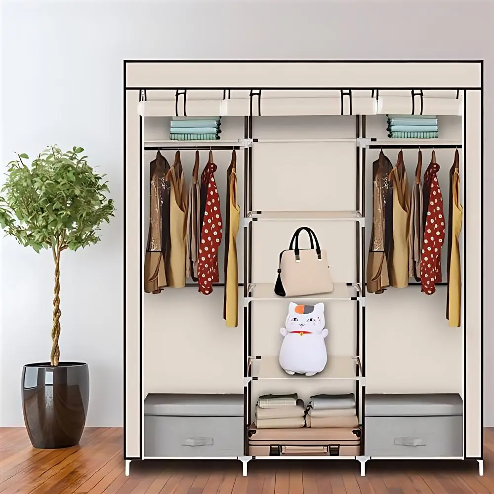 

69" Portable Closet Storage Organizer Non-Woven Fabric with Dustproof Cover Multi-layer Combination Storage Rack, Beige