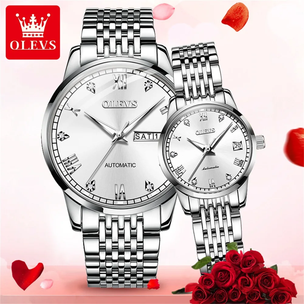 OLEVS Par de relojes automáticos para hombres y mujeres, relojes para él y para ella, conjunto de regalos, Tourbillon mecánico de cuerda automática, cara grande