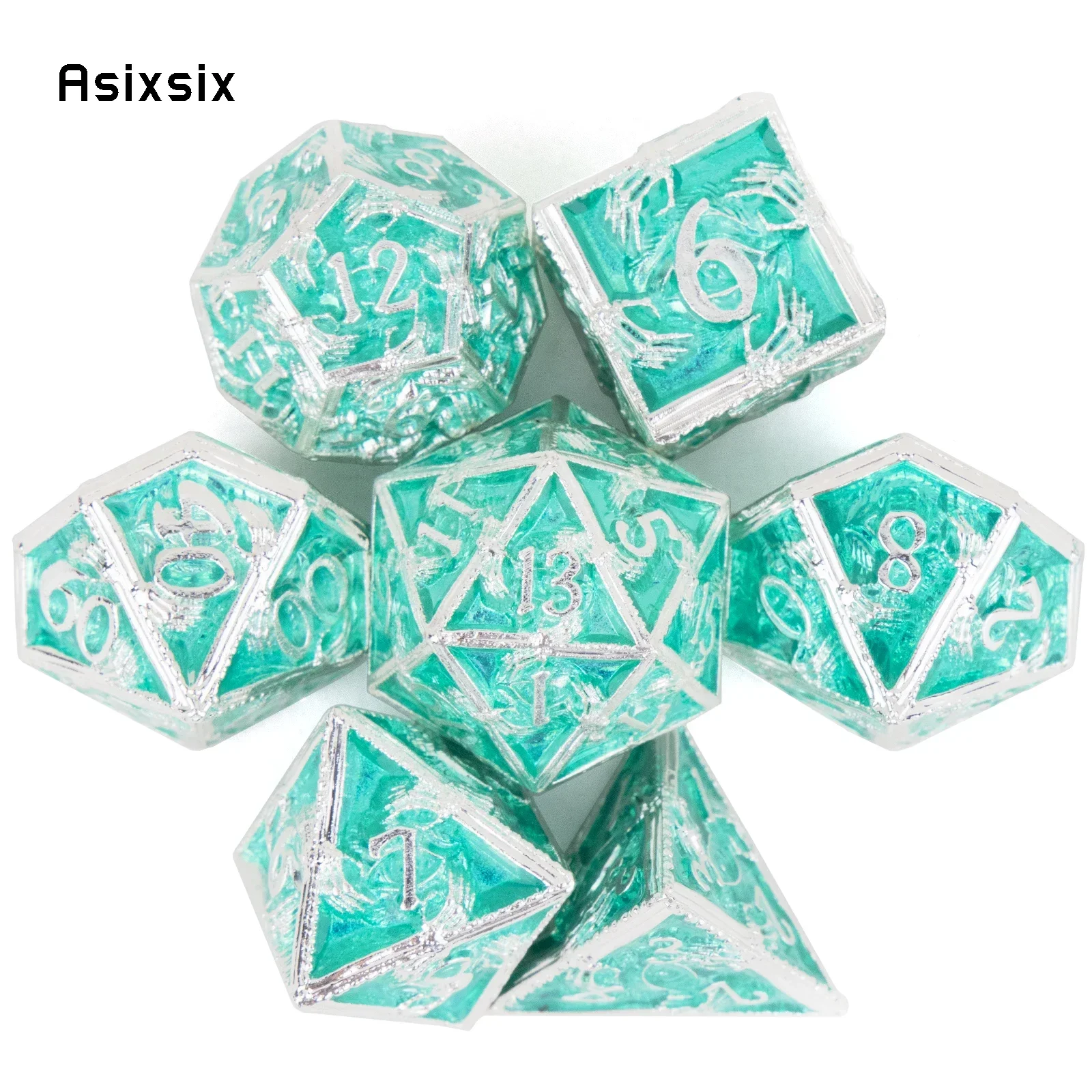 

7 Pcs Silver Green Hand Metal DicePerfect For Rpgs, Board Games, And Card Games.Dice For Games, Dnd Dice Set