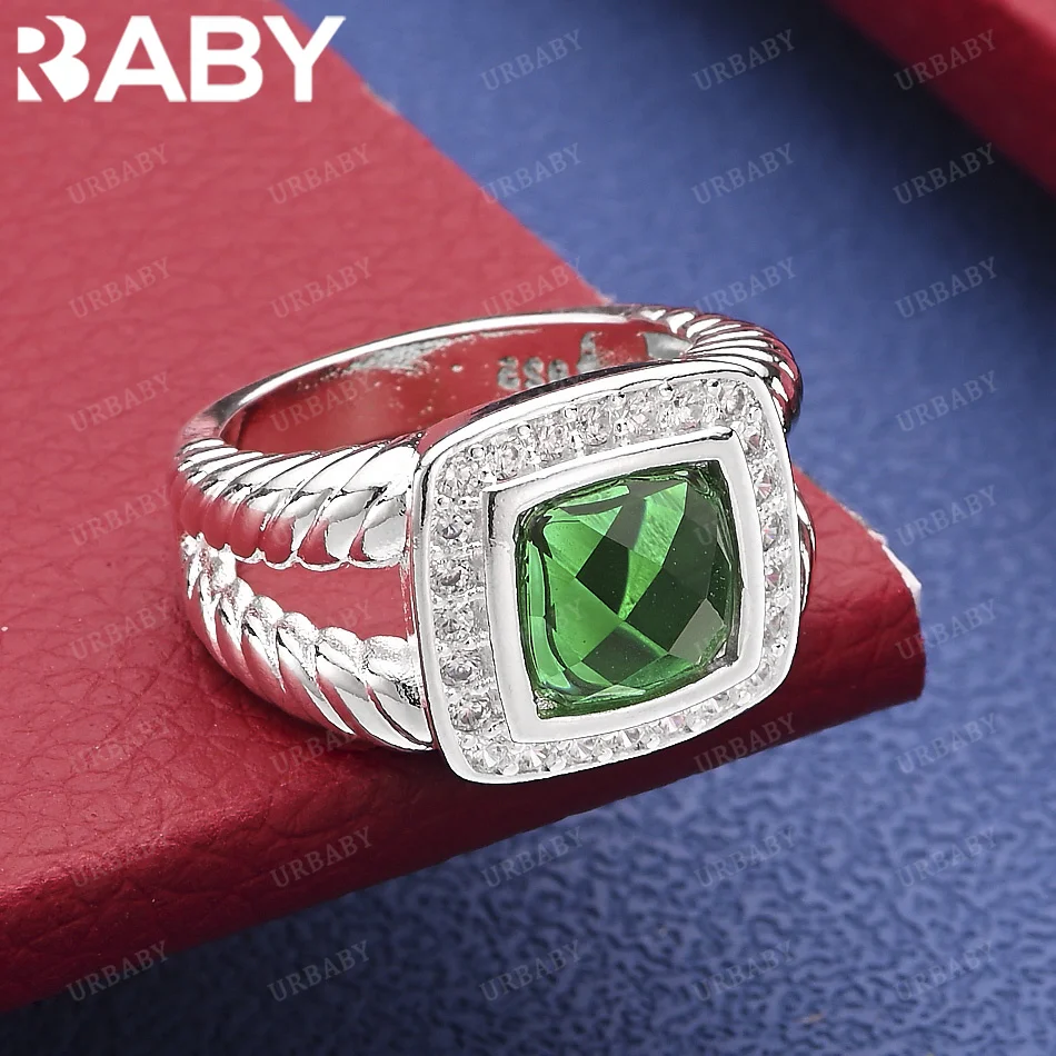 

URBABY 925 Sterling Silver Size 7-10 Green Zircons Ring For Women Men Fashion Jewelry Charm Grace Wedding Engagement Accessories