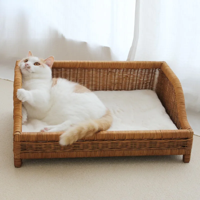 Pure Hand-woven Rattan Cat Beds, Four Seasons General Oversized Puppet Cat Nest, Summer Cool Pet Sofa Dog Beds for Small Dogs