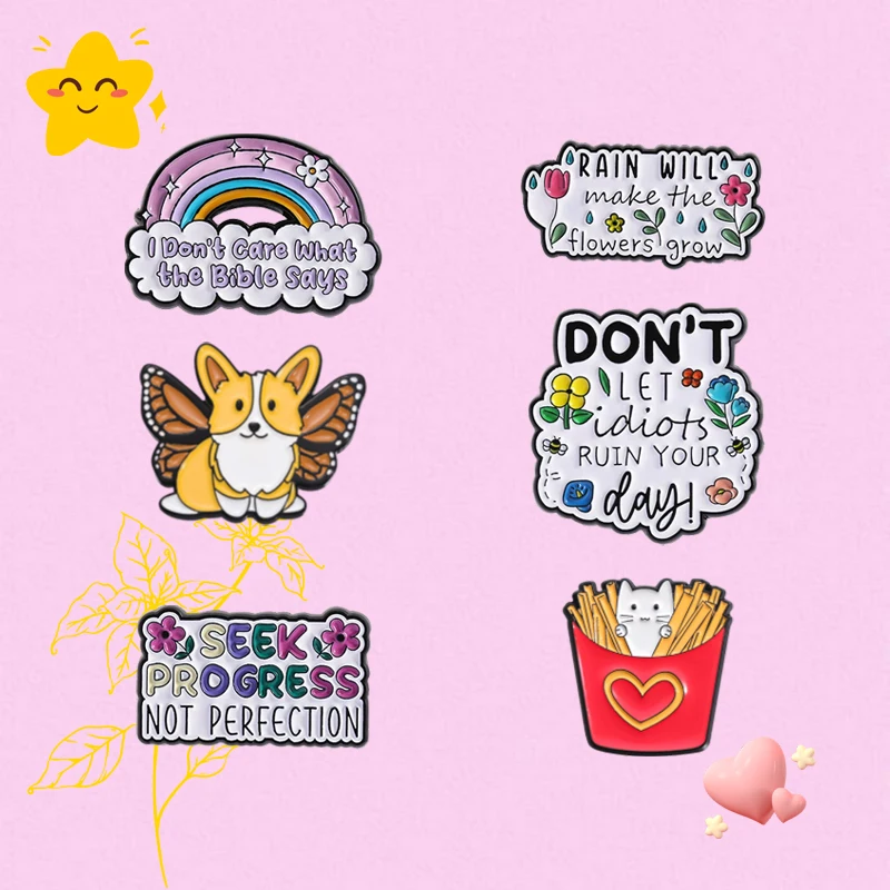Cartoon Rainbow English Enamel Pins Seek Progress Not Perfection Metal Badge Brooch Children And Friends Jewelry Gifts Wholesale