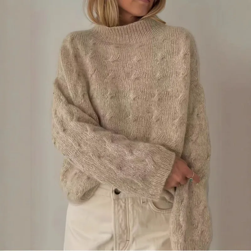 

2025 Autumn/Winter Women's Turtleneck Sweater, Casual Loose Cable-Knit Warm Long-Sleeve Knit Top for Women