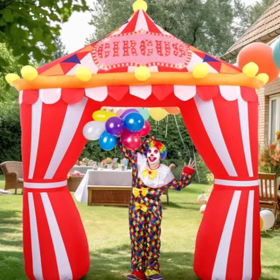 

Circus carnival theme outdoor yard garden birthday party decoration: 10ft inflatable arch tent with built-in LED lights, red an