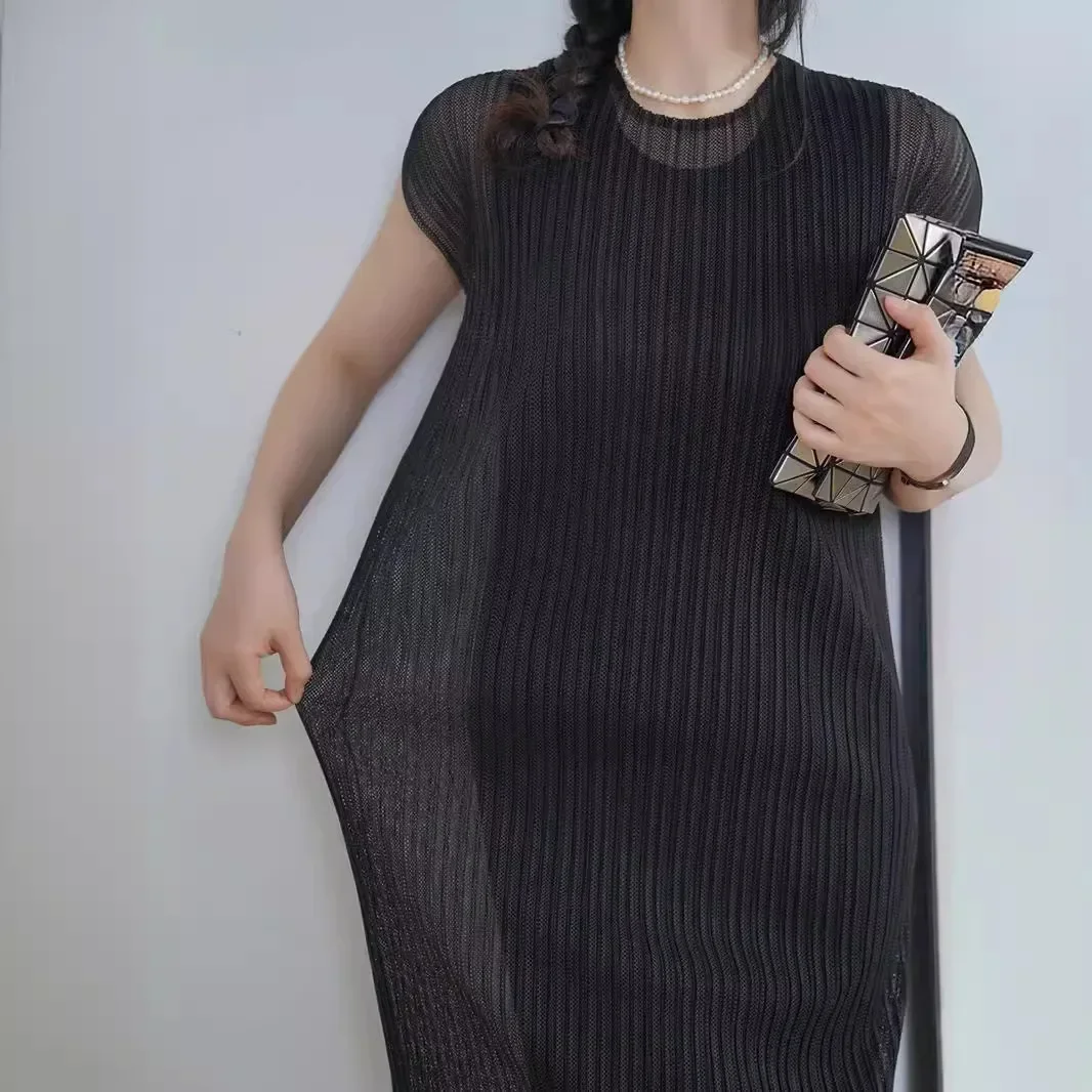 Vestidos femininos miyake plissado moda baggy plus size o-pescoço sem mangas vestido de dupla camada